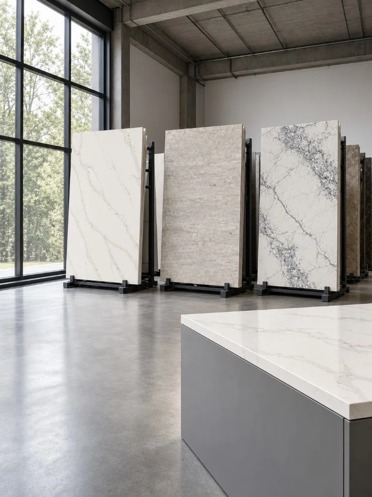Full slabs standing in a stone showroom