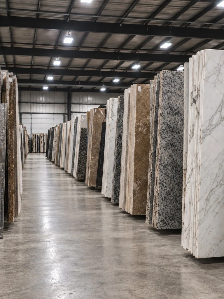 Remnant slabs stored on warehouse racks